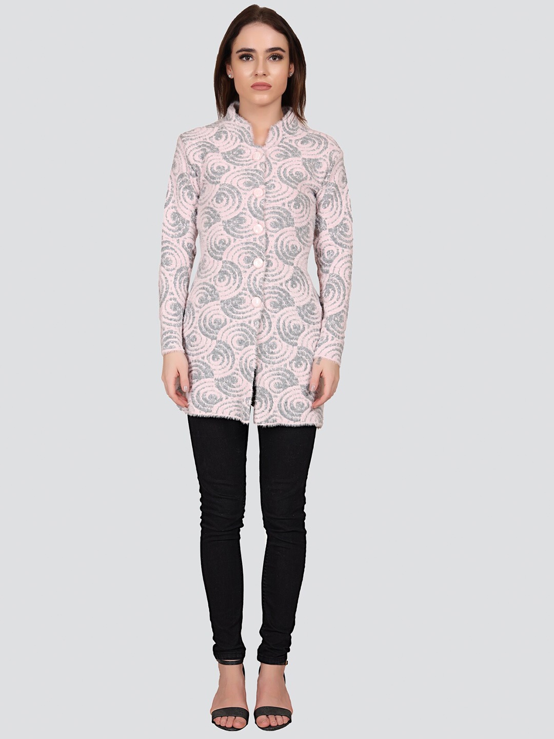 

Arshiya Women Pink & Grey Woollen Longline Cardigan