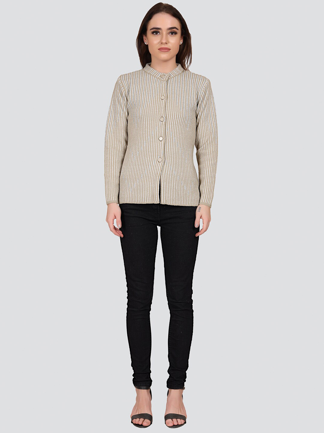 

Arshiya Women Grey & White Striped Organic Cotton Cardigan