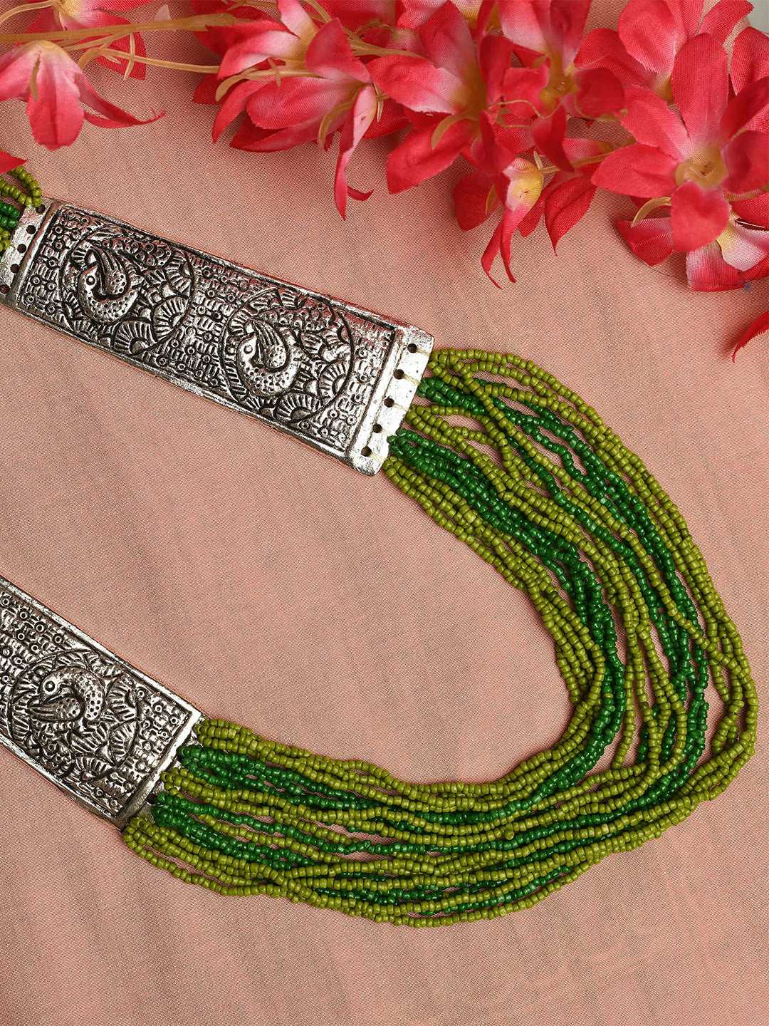 

QTO Silver-Toned & Green Silver-Plated Layered Necklace