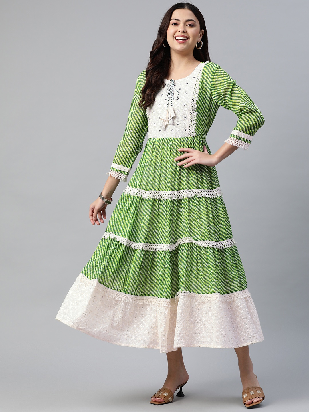 

Readiprint Fashions Women Cotton Embroidered Leheriya Maxi Dress With Mirror Work, Green