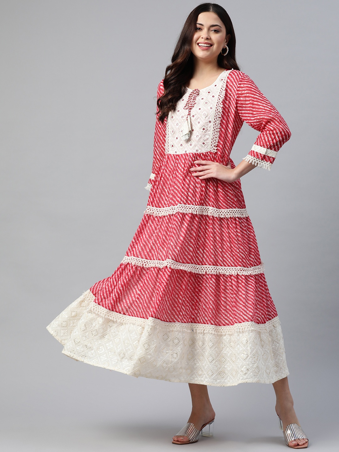 

Readiprint Fashions Women Cotton Embroidered Leheriya Maxi Dress With Mirror Work, Pink