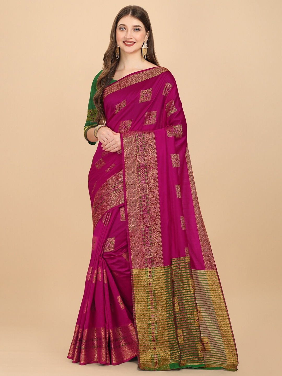 

TEREZA Magenta & Green Woven Design Zari Pure Silk Banarasi Saree