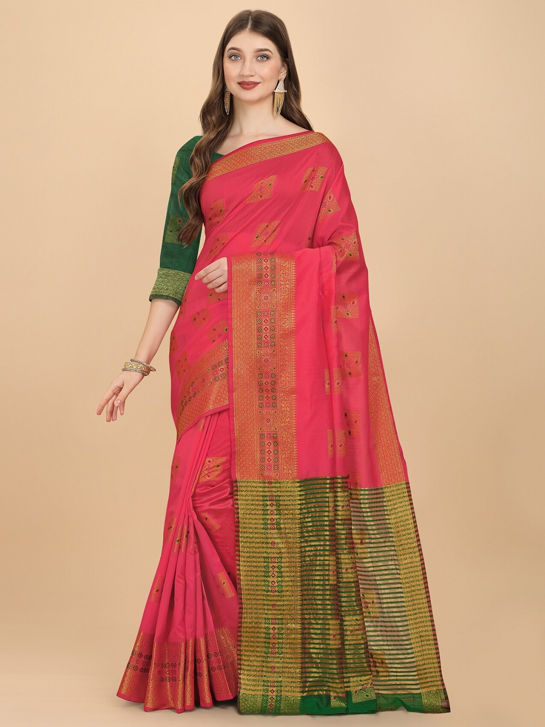 

TEREZA Pink & Green Woven Design Zari Pure Silk Banarasi Saree