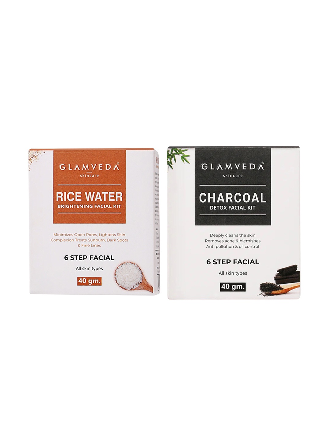 

GLAMVEDA Rice Water Brightening Facial Kit & Charcoal Detox & Anti Pollution Facial Kit 40gm Each, Black