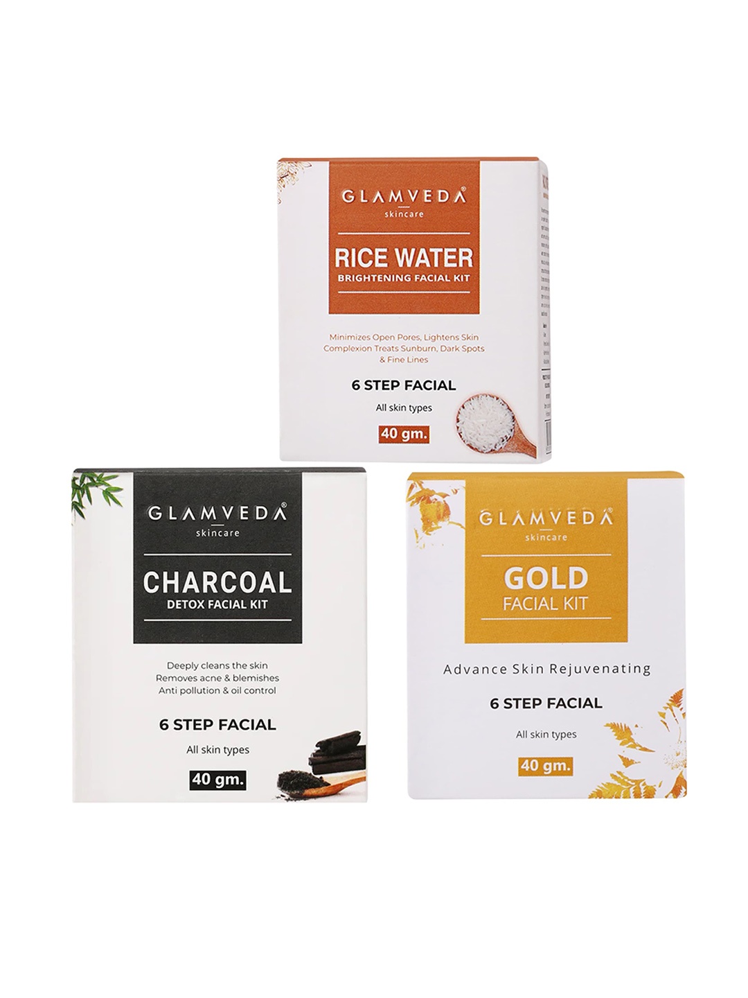 

GLAMVEDA Rice Water Brightening & Gold & Charcoal Detox & Anti Pollution Facial Kit 40gm Each, Black