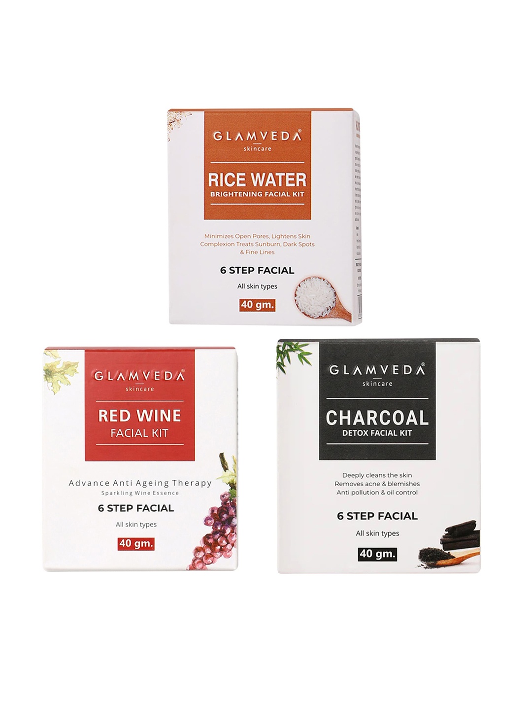 

GLAMVEDA Set Of 3 Rice Water Brightening-Red Wine Advance Anti Ageing & Charcoal Detox Facial Kit 40gm Each