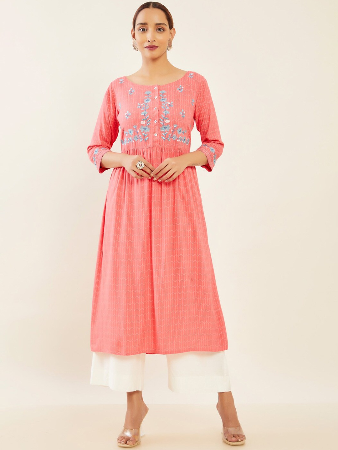 

Maybell Embroidered Thread Work Floral A-Line Kurta, Pink