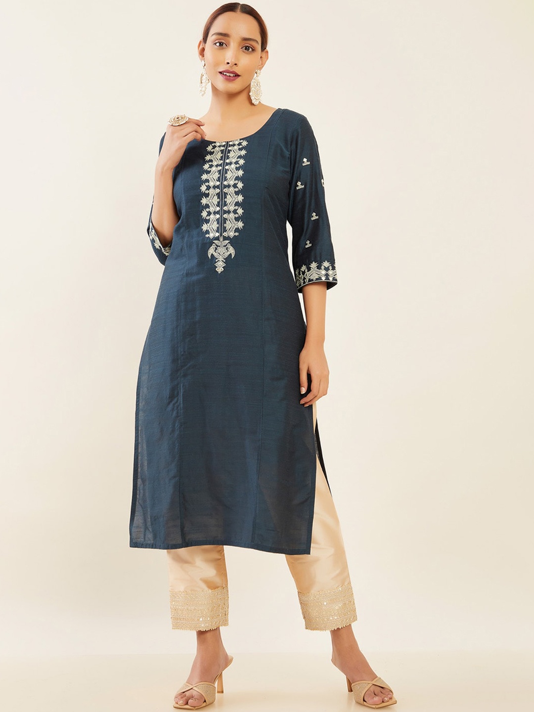 

Maybell Ethnic Motifs Embroidered A-Line Straight Kurta, Navy blue