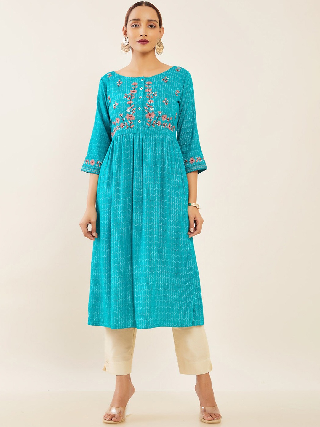 

Maybell Embroidered Thread Work Round Neck A-Line Kurta, Blue