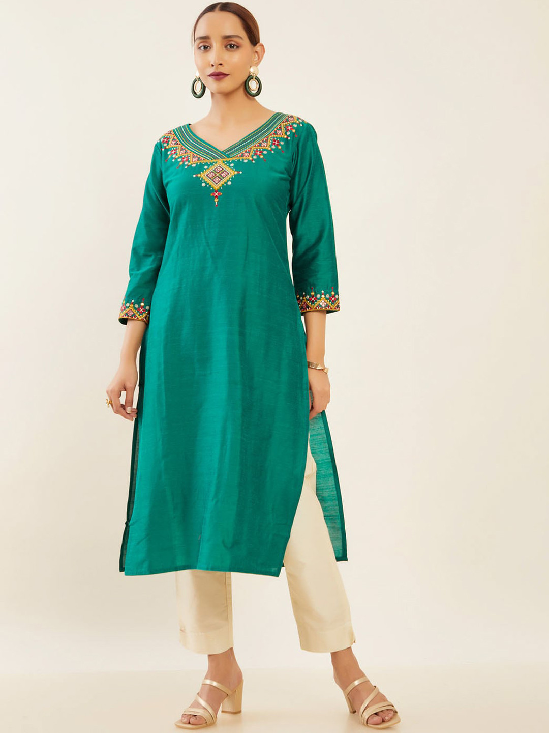 

Maybell Embroidered Thread Work A-Line Kurta, Green