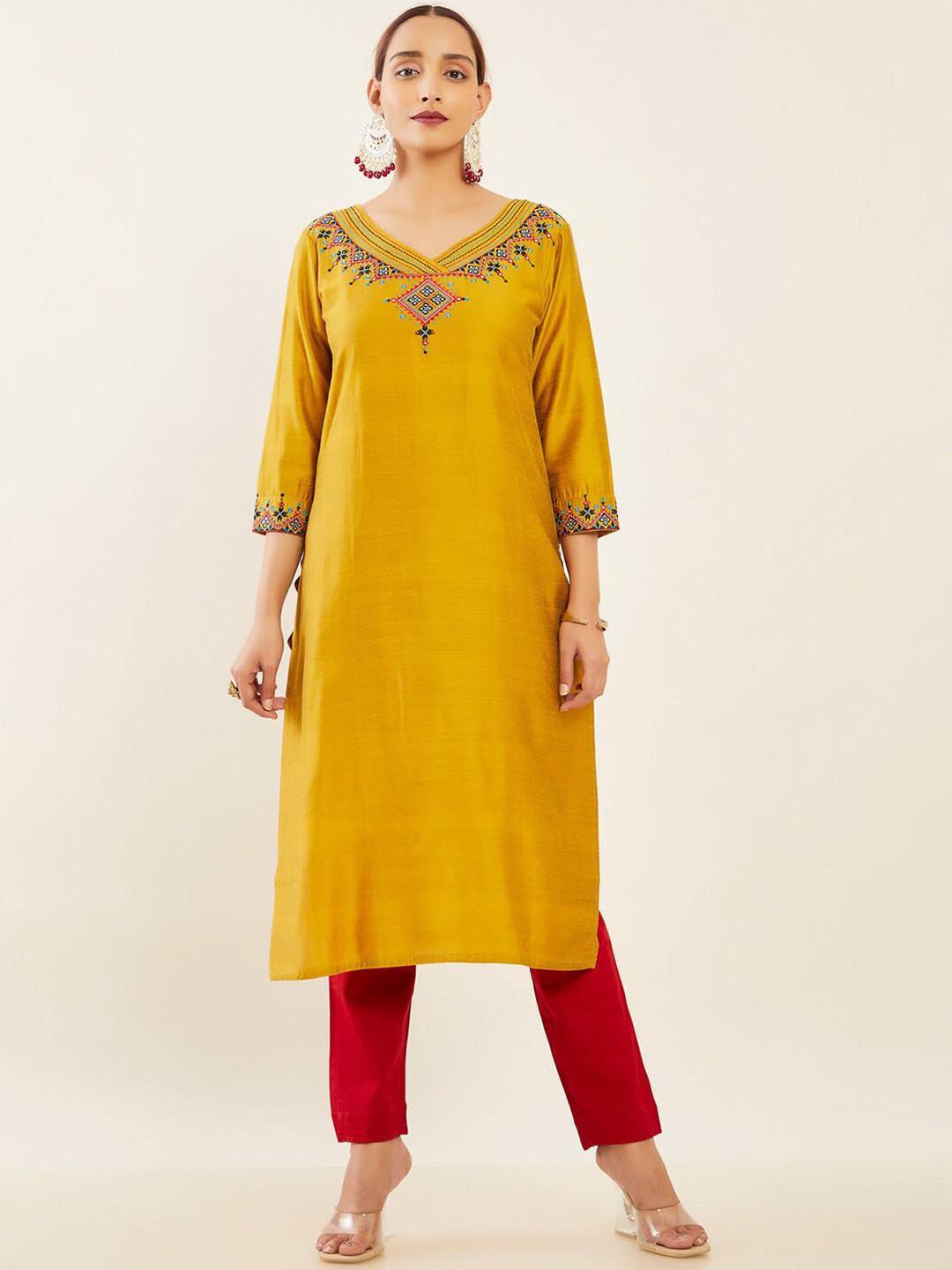 

Maybell Embroidered Thread Work A-Line Kurta, Mustard