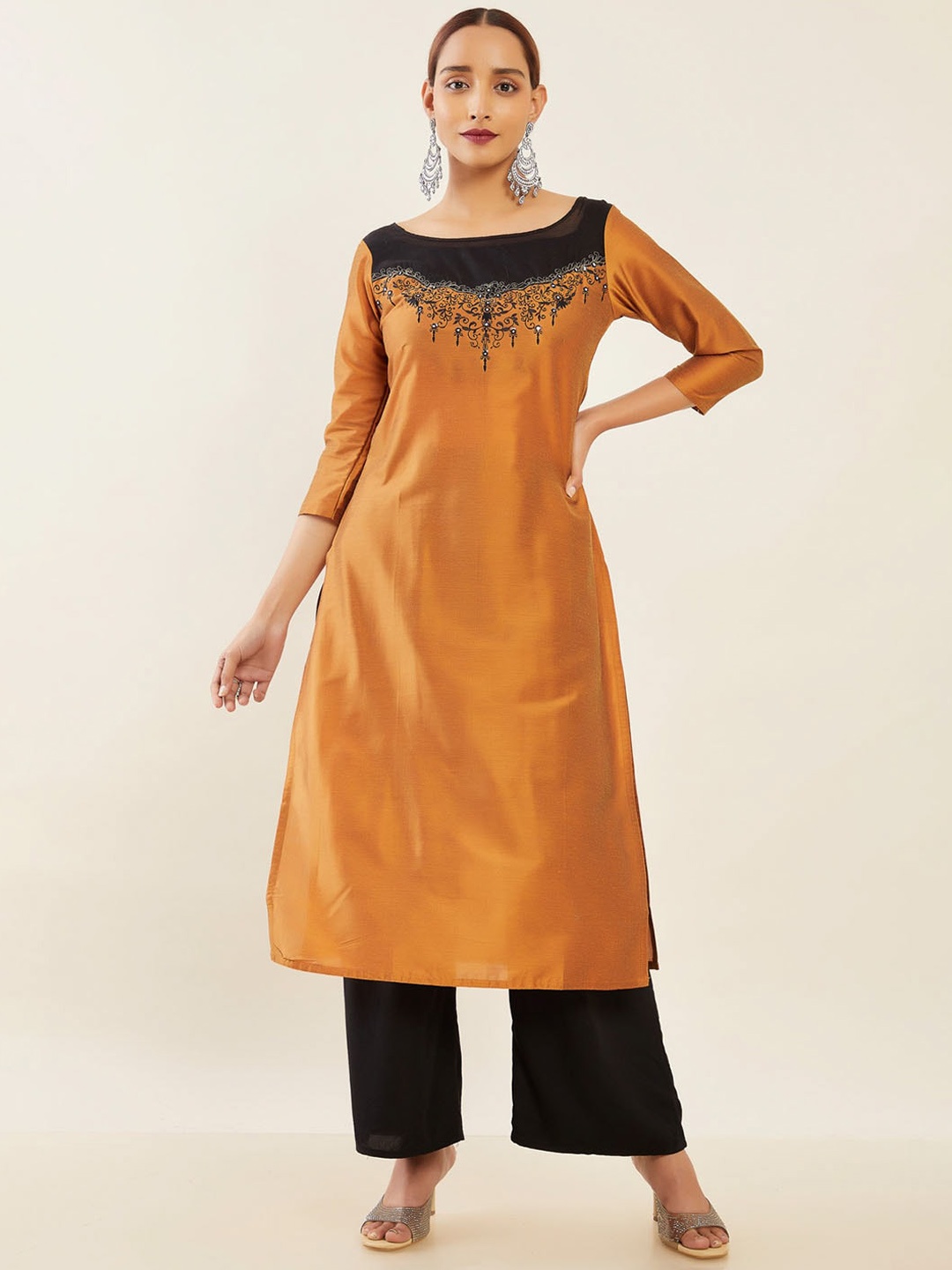 

Maybell Boat Neck Embroidered A-Line Silk Kurta, Mustard