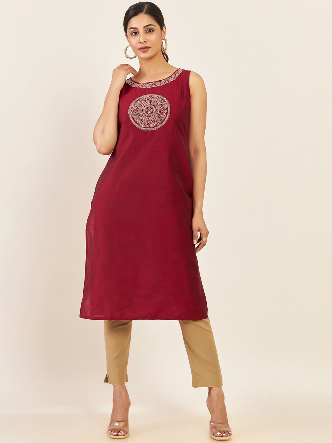 

Maybell Embroidered Thread Work A-Line Kurta, Maroon