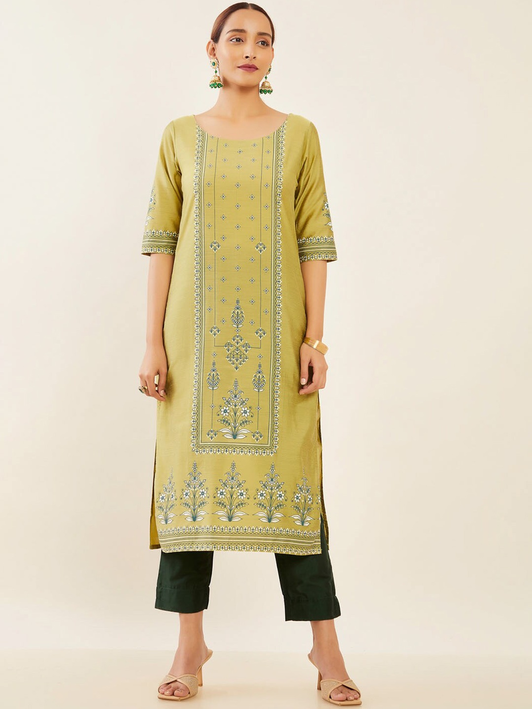 

Maybell Ethnic Motifs Printed A-Line Scoop Neck Kurta, Green