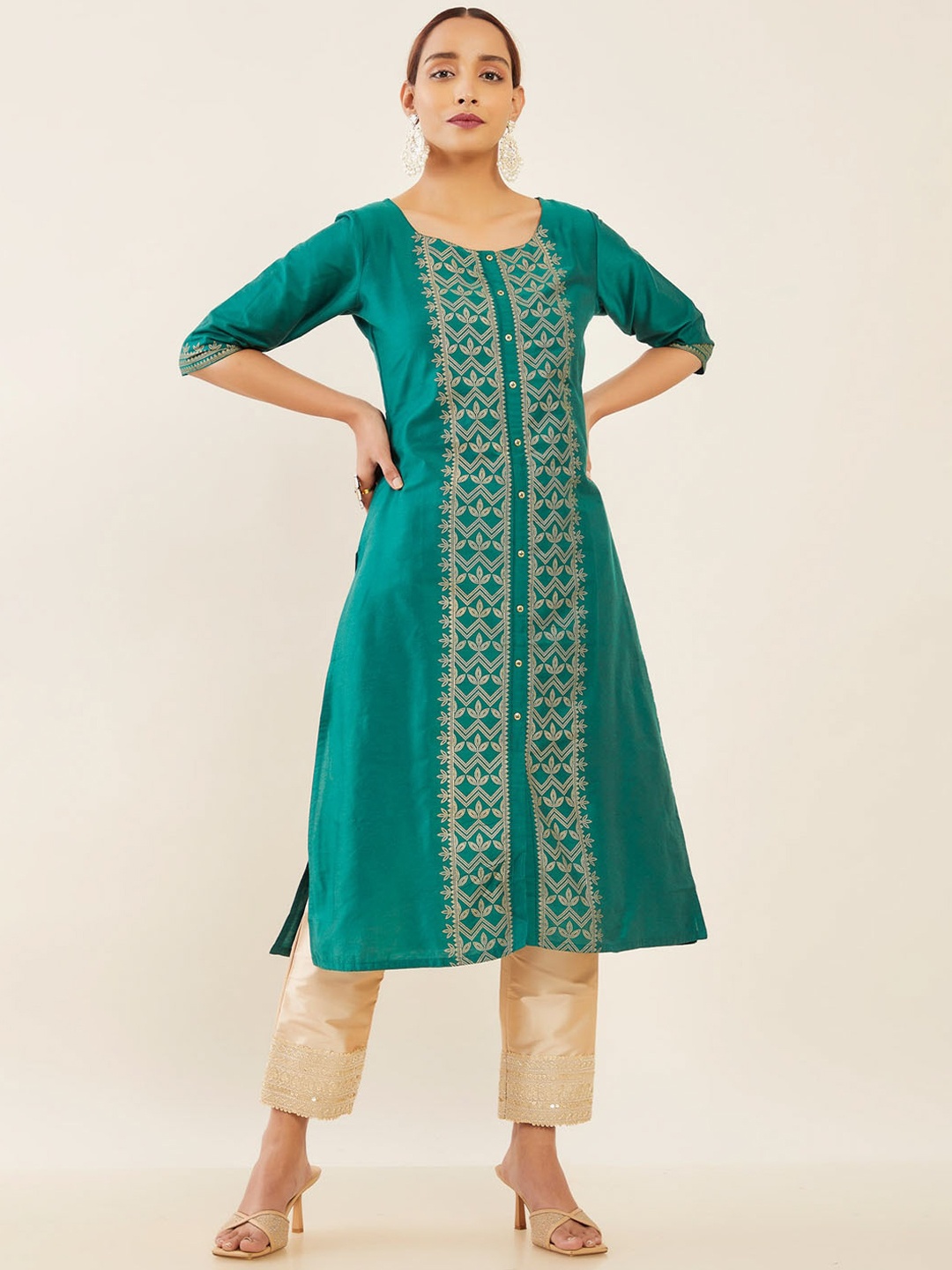 

Maybell Ethnic Motifs Printed Silk Kurta, Green