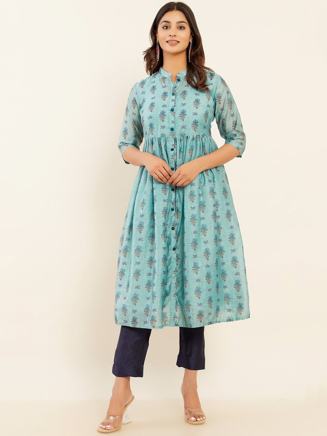 

Maybell Ethnic Motifs Printed Chanderi Silk A-Line Kurta, Blue