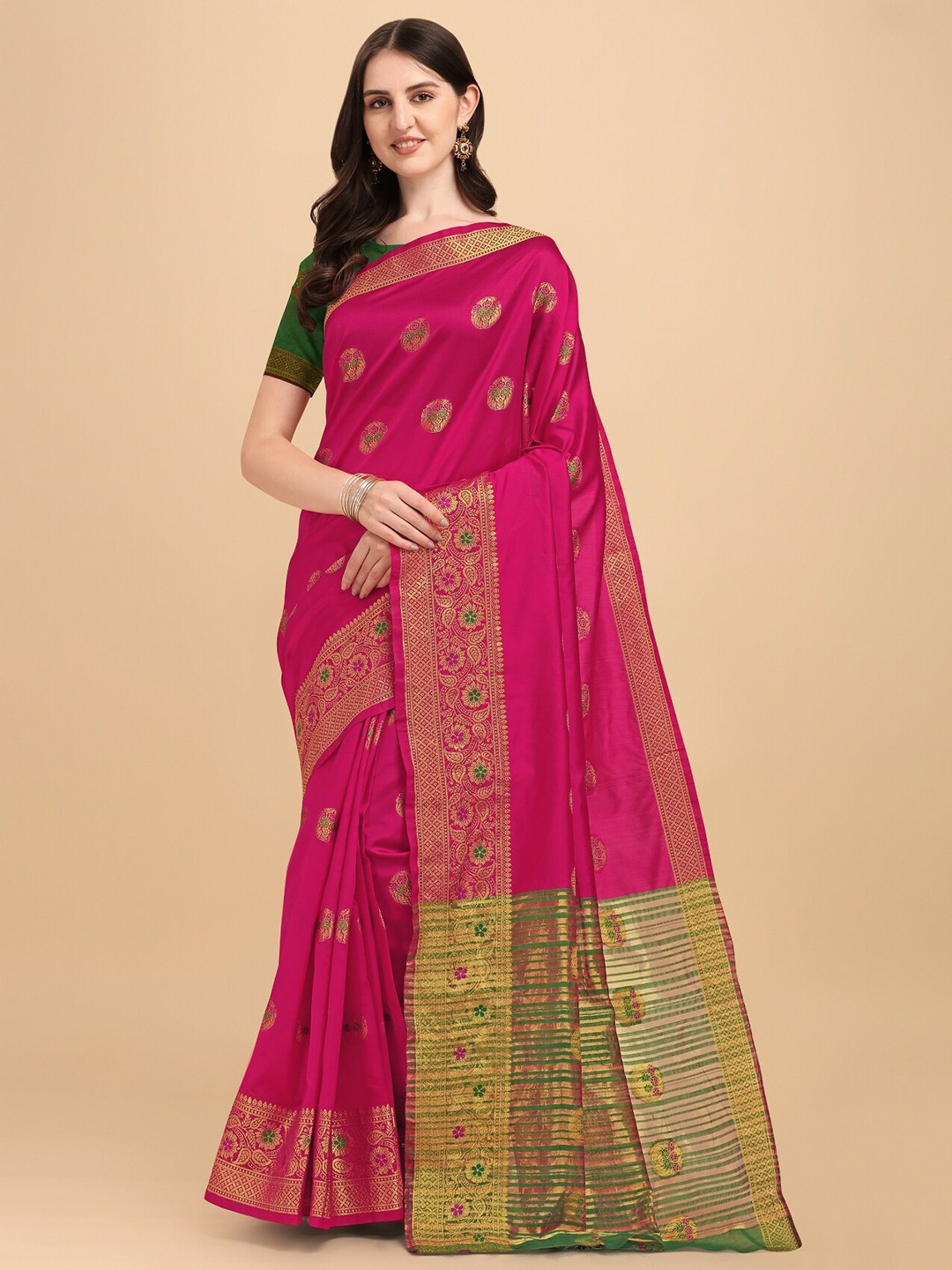 

TEREZA Ethnic Motifs Zari Pure Silk Banarasi Saree, Pink