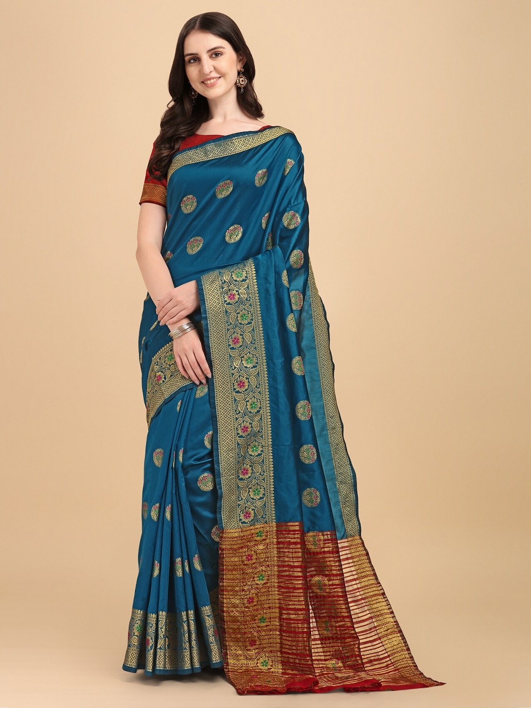 

TEREZA Teal & Red Ethnic Motifs Zari Pure Silk Banarasi Saree