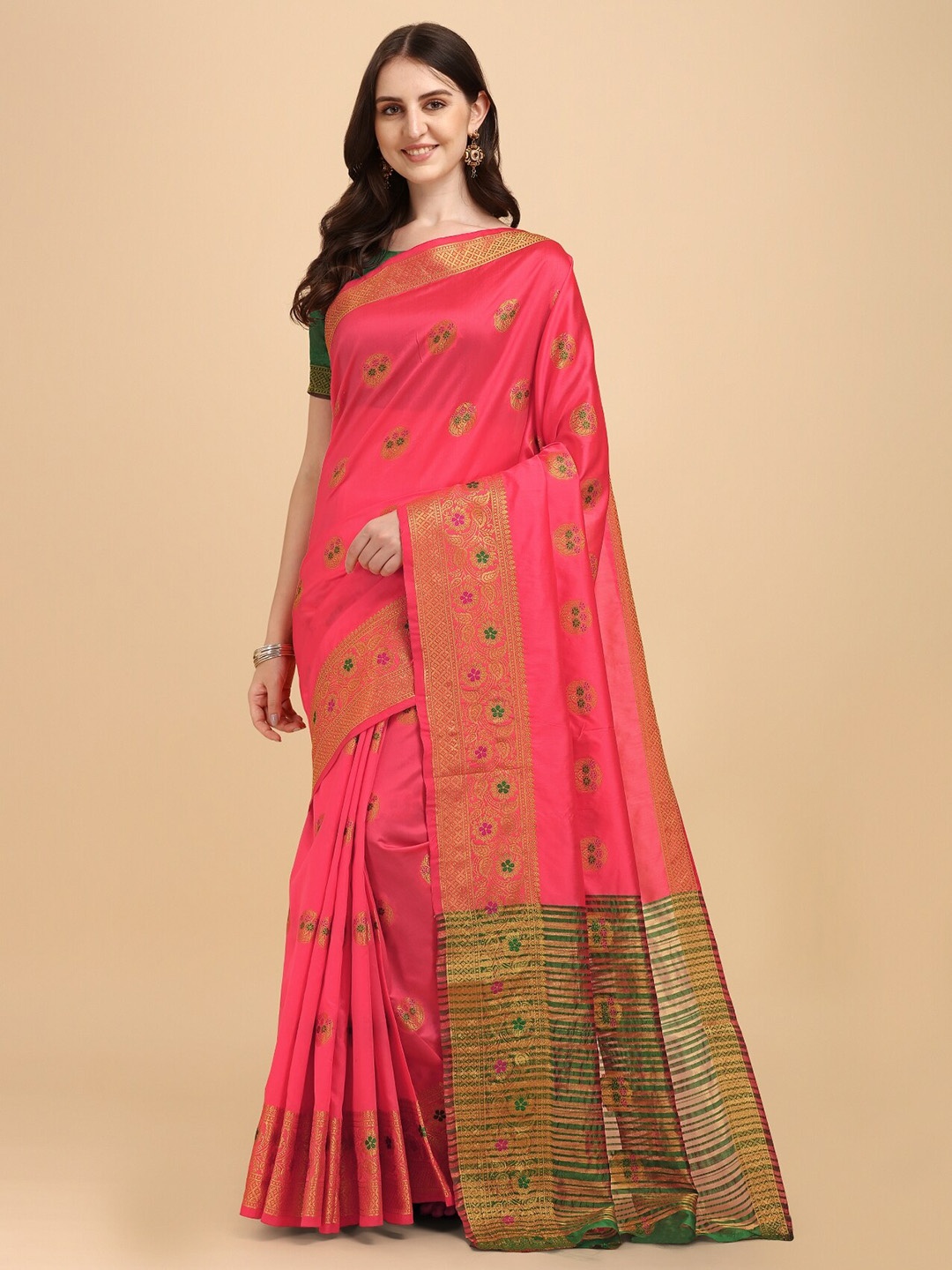 

TEREZA Pink & Green Woven Design Zari Pure Silk Banarasi Saree