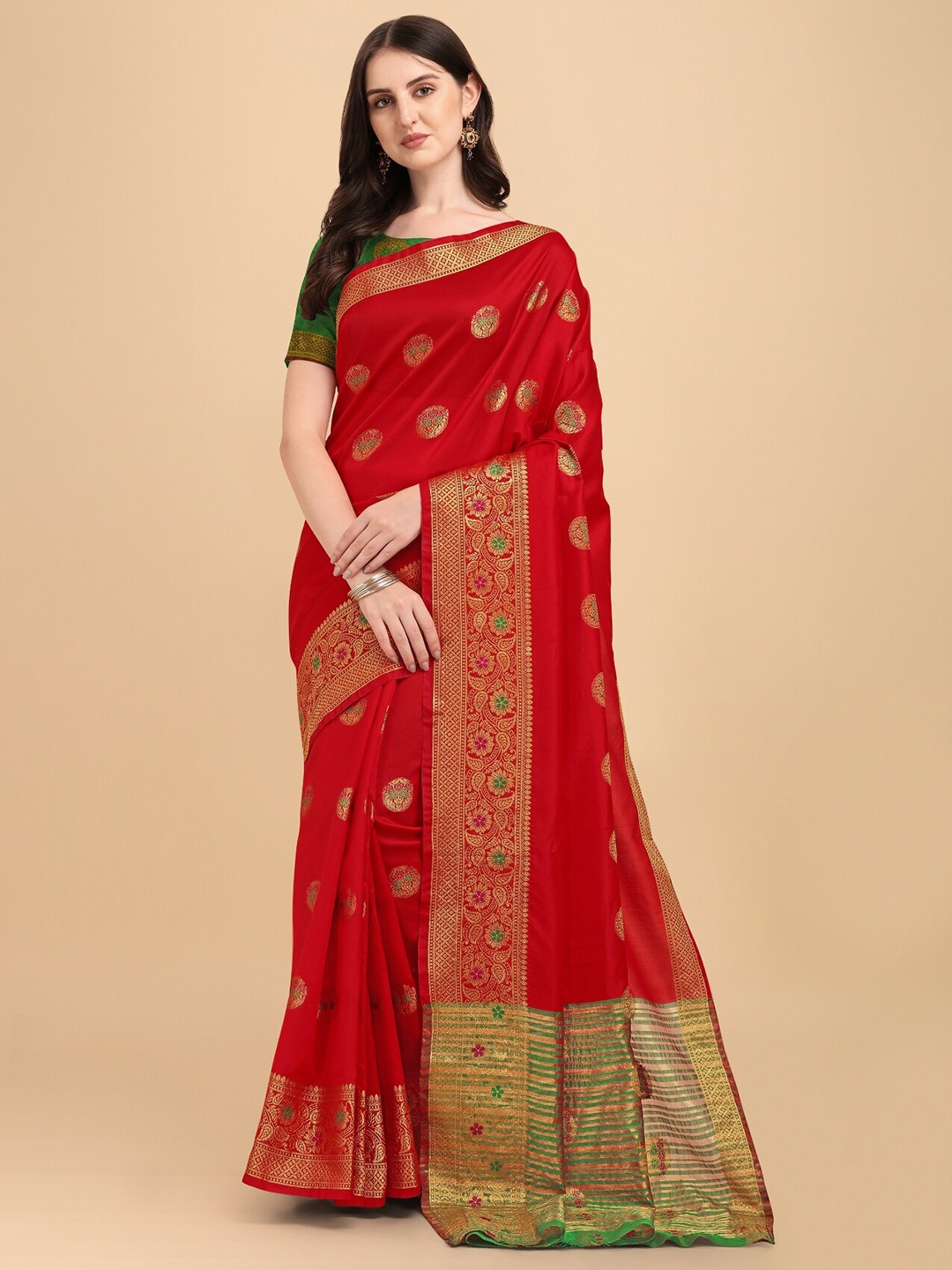 

TEREZA Floral Woven Design Zari Pure Silk Banarasi Saree, Red