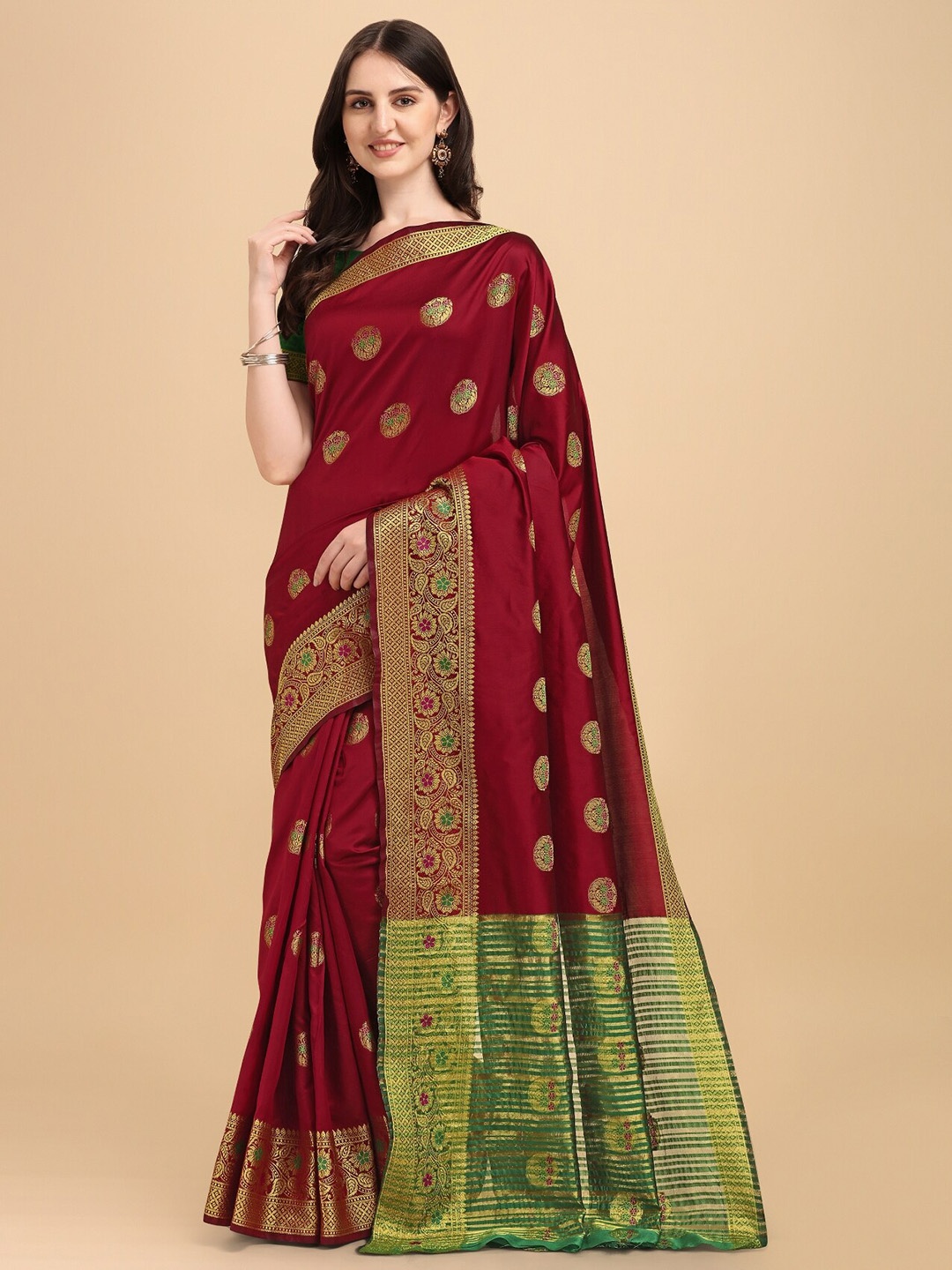 

TEREZA Maroon & Green Woven Design Zari Pure Silk Banarasi Saree