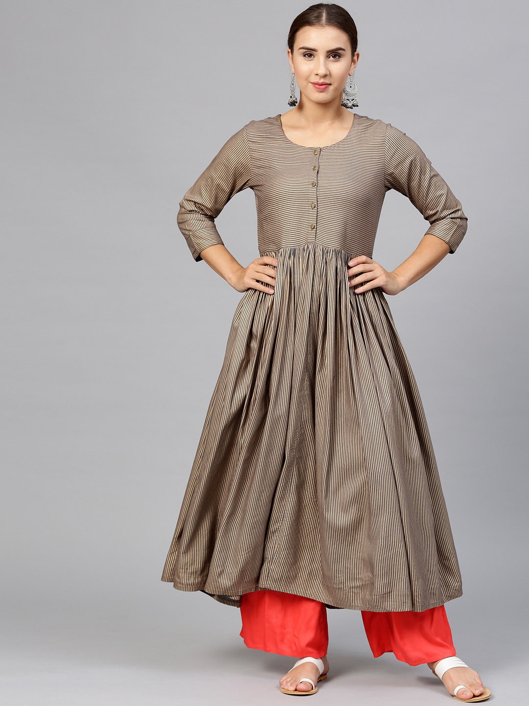 

KSUT Women Striped Anarkali Kurta, Grey