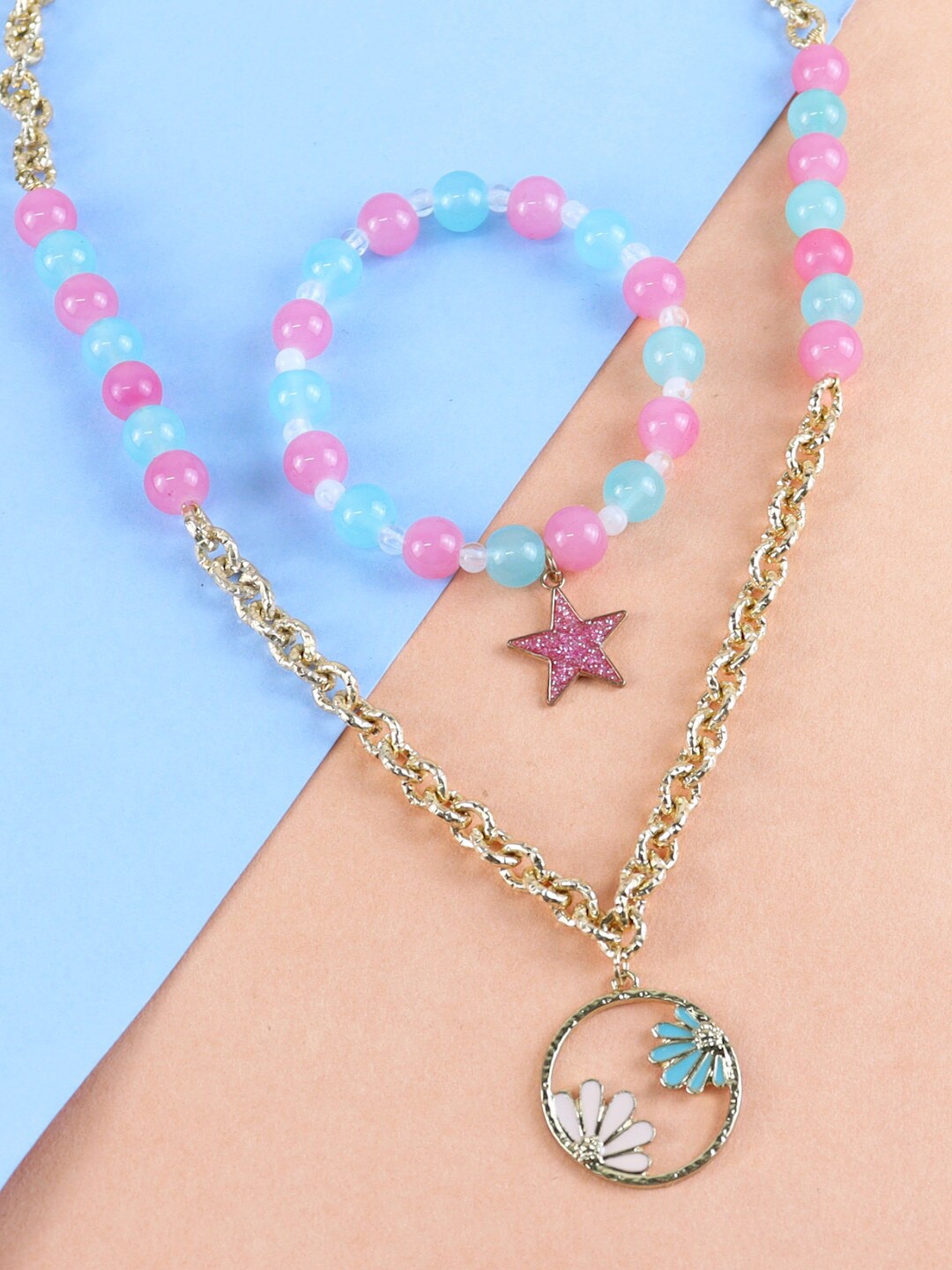 

Asthetika Kids Girls Gold-Plated Pink & Blue Beaded With Star Charm Jewellery Set