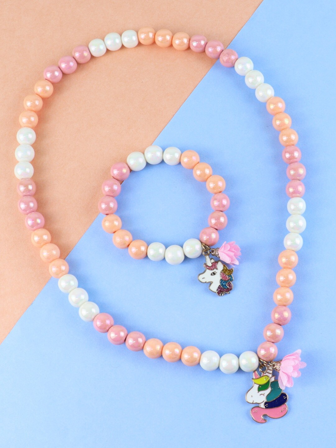 

asthetika Gold-Plated Pink & Orange-Color Beaded & Handcrafted Unicorn Necklace Bracelet Set