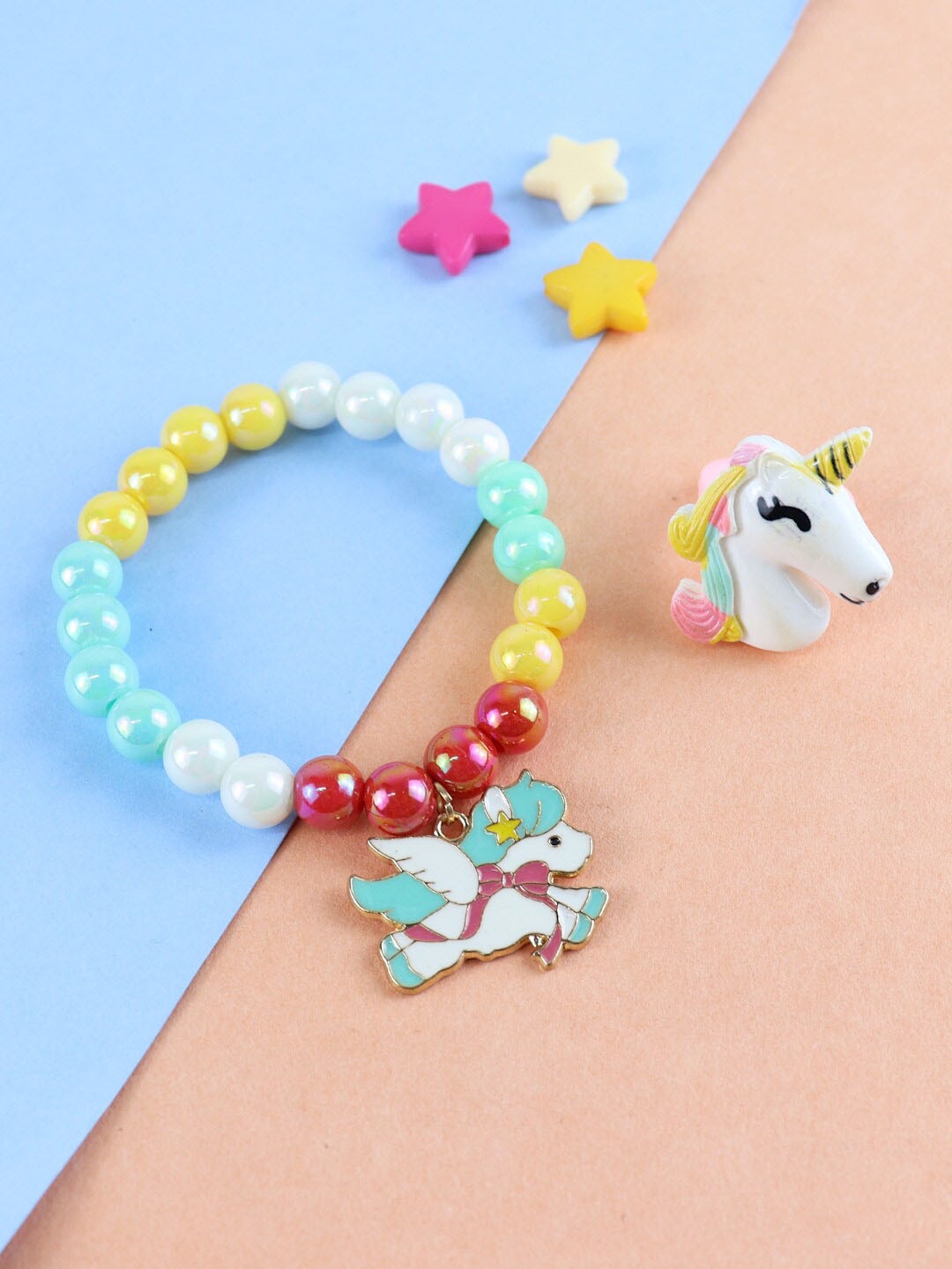 

Asthetika Kids Girls Blue & White beaded Unicorn Bracelet & Finger Ring Set