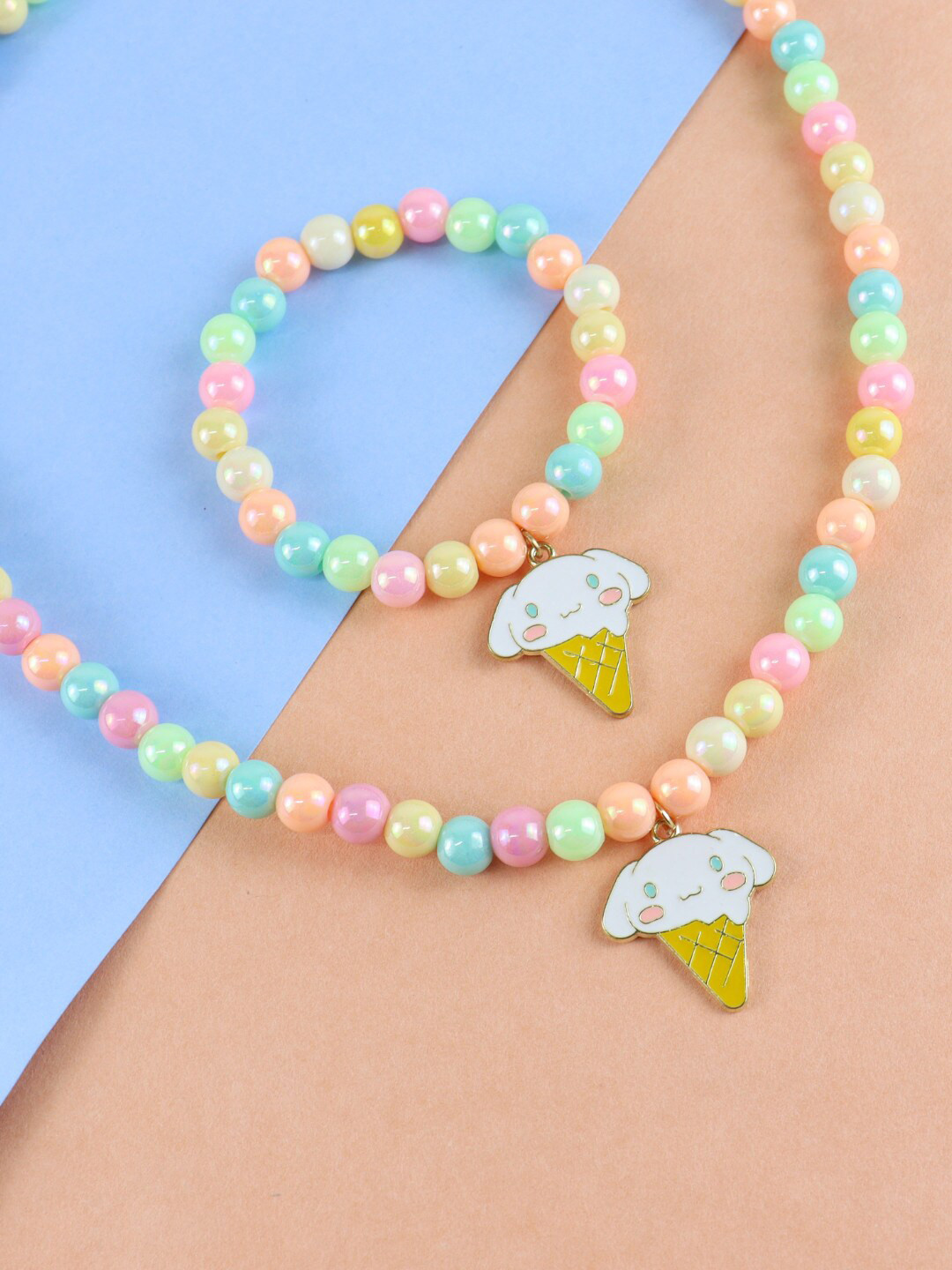 

asthetika Girls Gold-Plated Pink Beaded Ice Cream Charm Bracelet Necklace Set