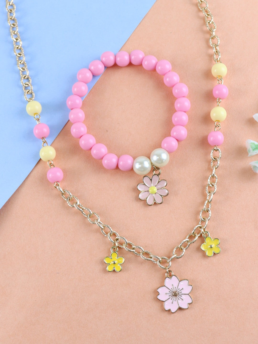 

Asthetika Kids Floral Charm Bracelet Necklace Set, Pink