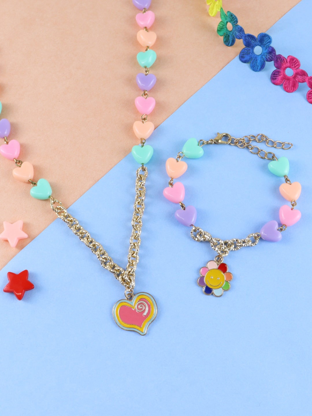 

asthetika Girls Pink & Blue Gold-Plated Necklace & Bracelet Set