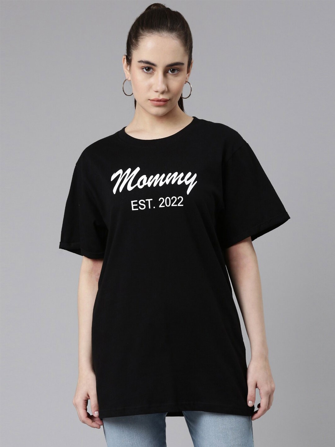 

Kryptic Women Printed Round Neck Oversized Cotton T-shirt, Black