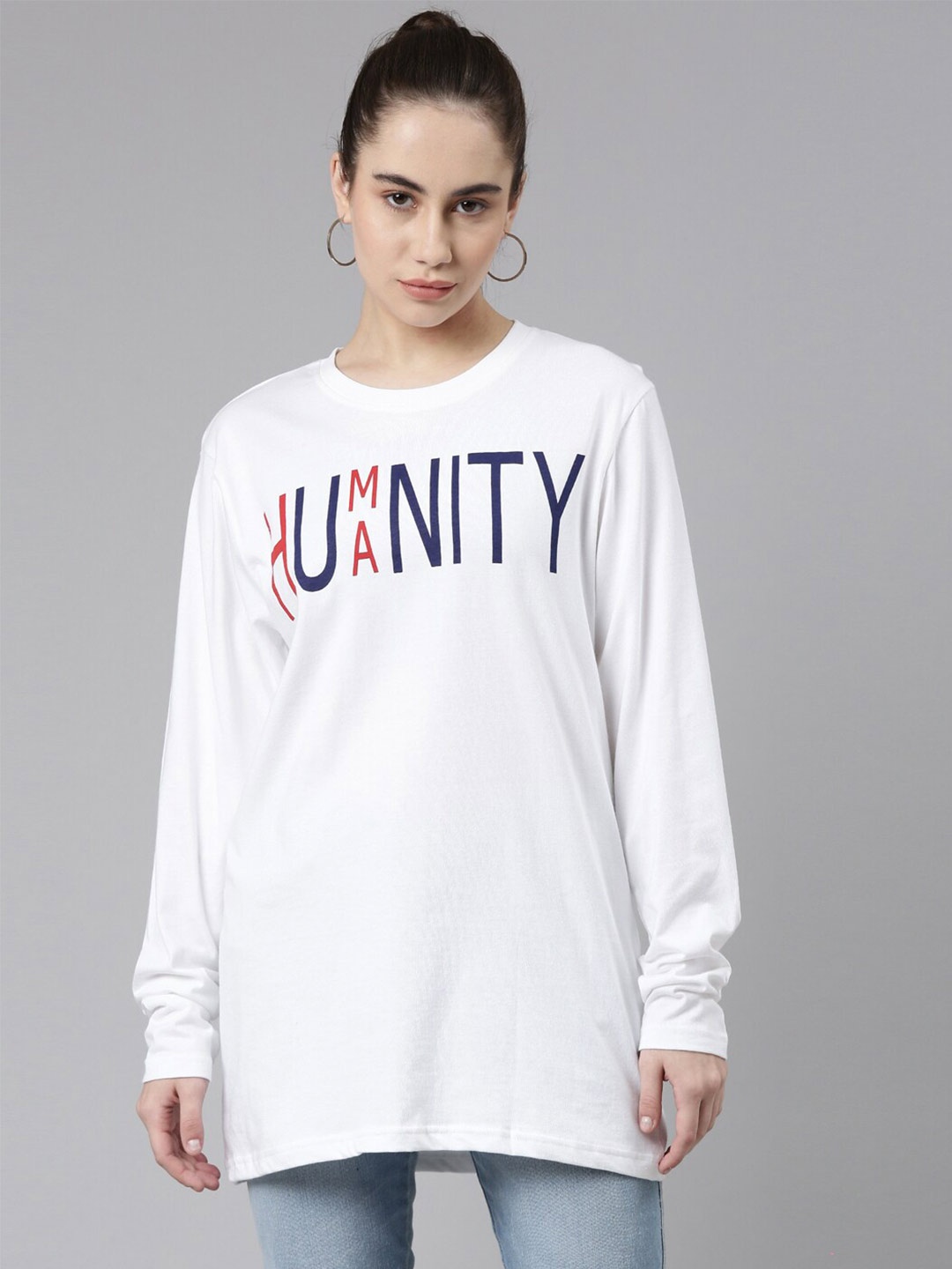 Kryptic Women Printed Round Neck Oversized Cotton T-shirt, White