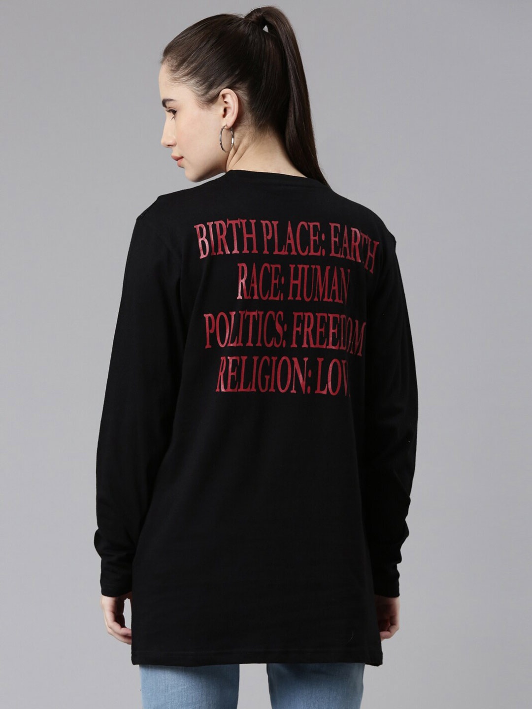 

Kryptic Women Printed Round Neck Oversized Cotton T-shirt, Black