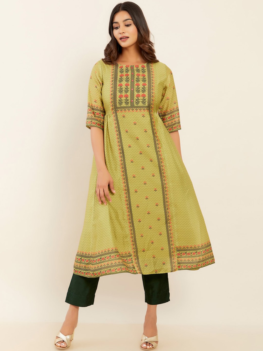 

Maybell Women Floral Printed Anarkali Kurta, Green