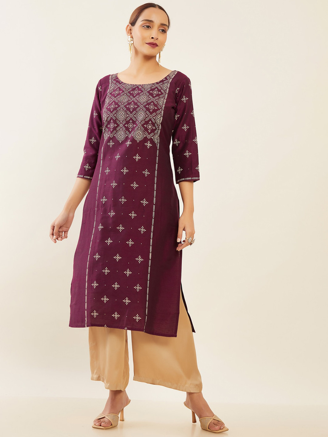 

Maybell Ethnic Motifs Printed Silk Kurta, Purple