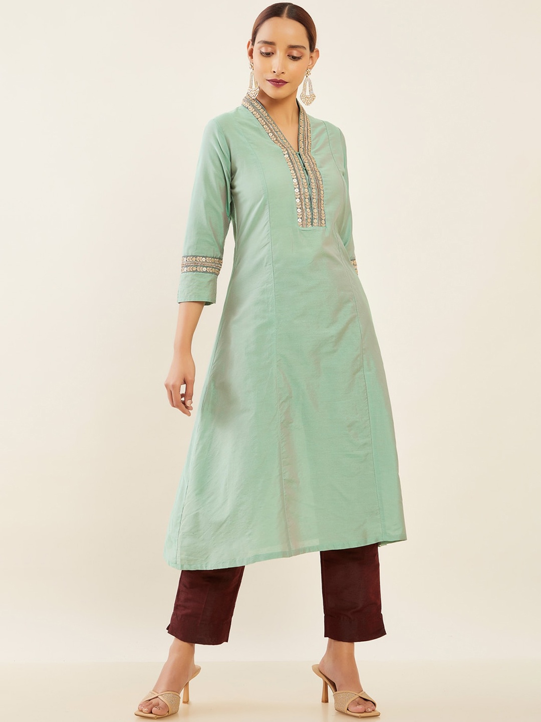 

Maybell Zari Work Yoke Design Anarkali Silk Kurta, Green