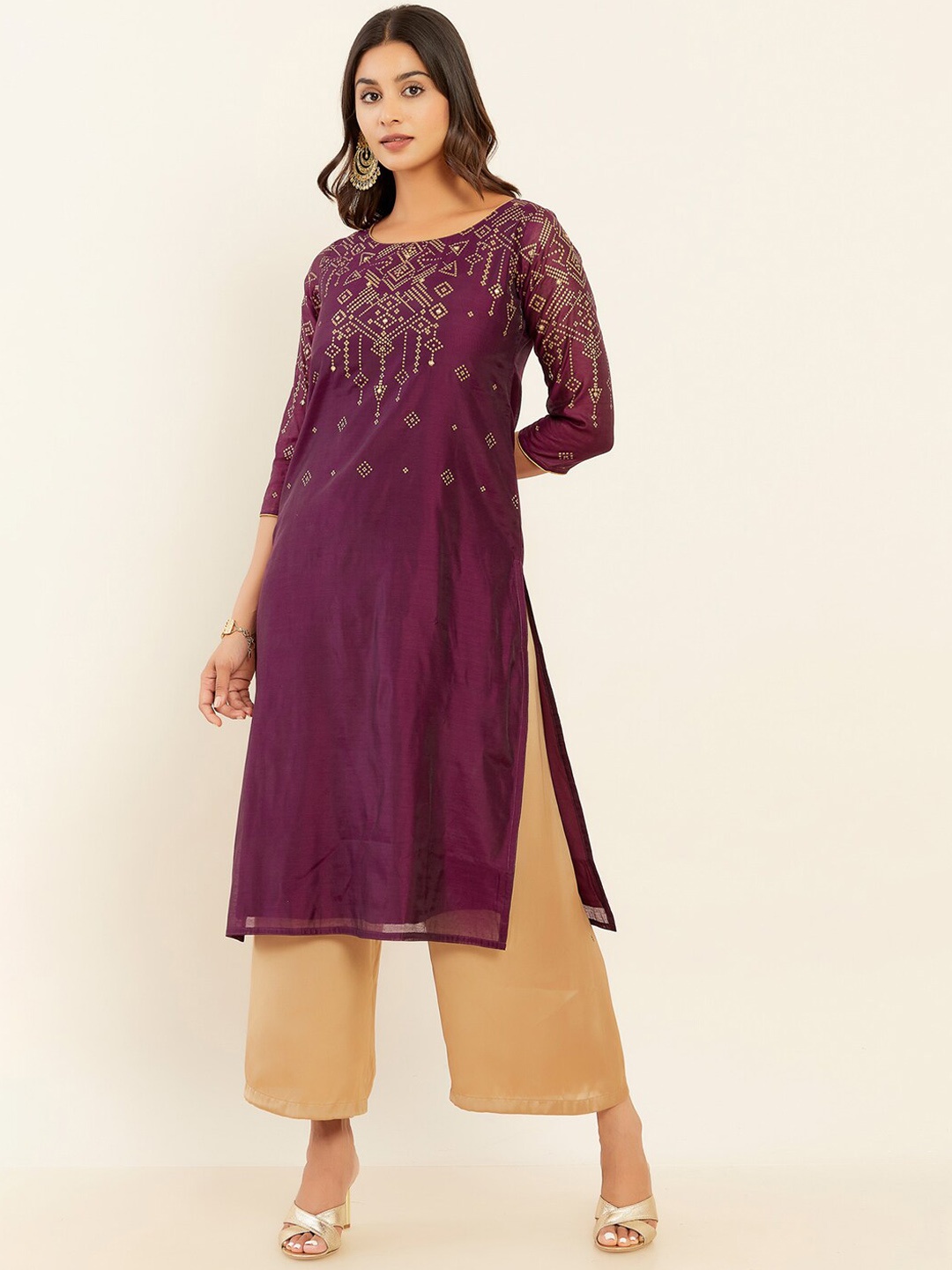 

Maybell Geometric Chanderi Silk A-Line Kurta, Purple