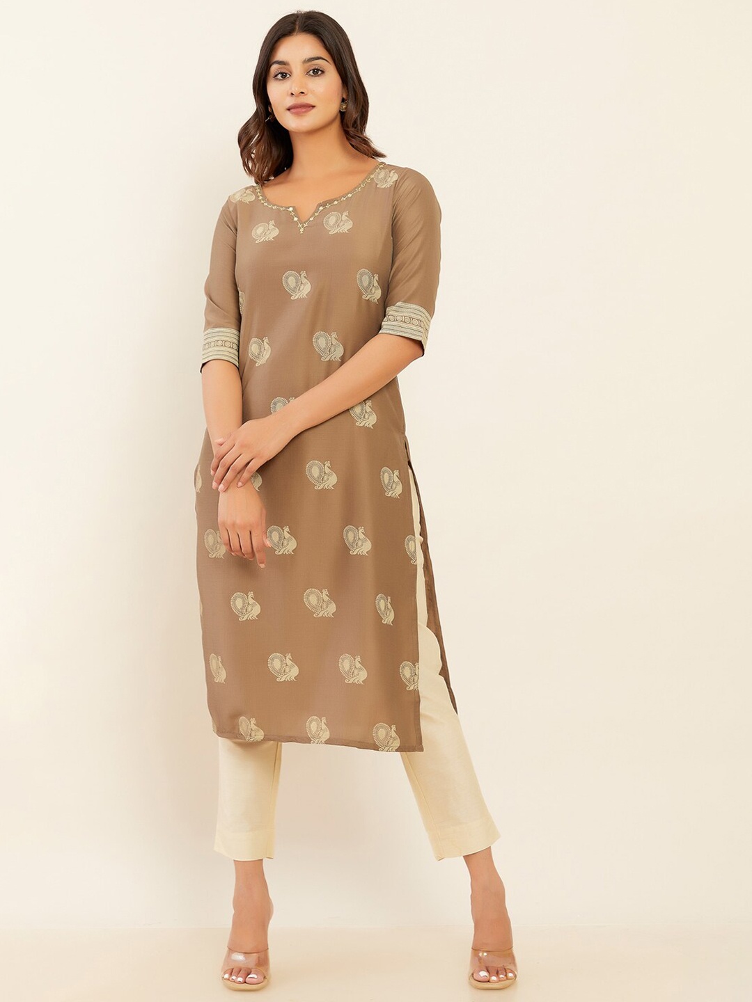 

Maybell Ethnic Motifs Printed Chanderi Silk A-Line Kurta, Brown