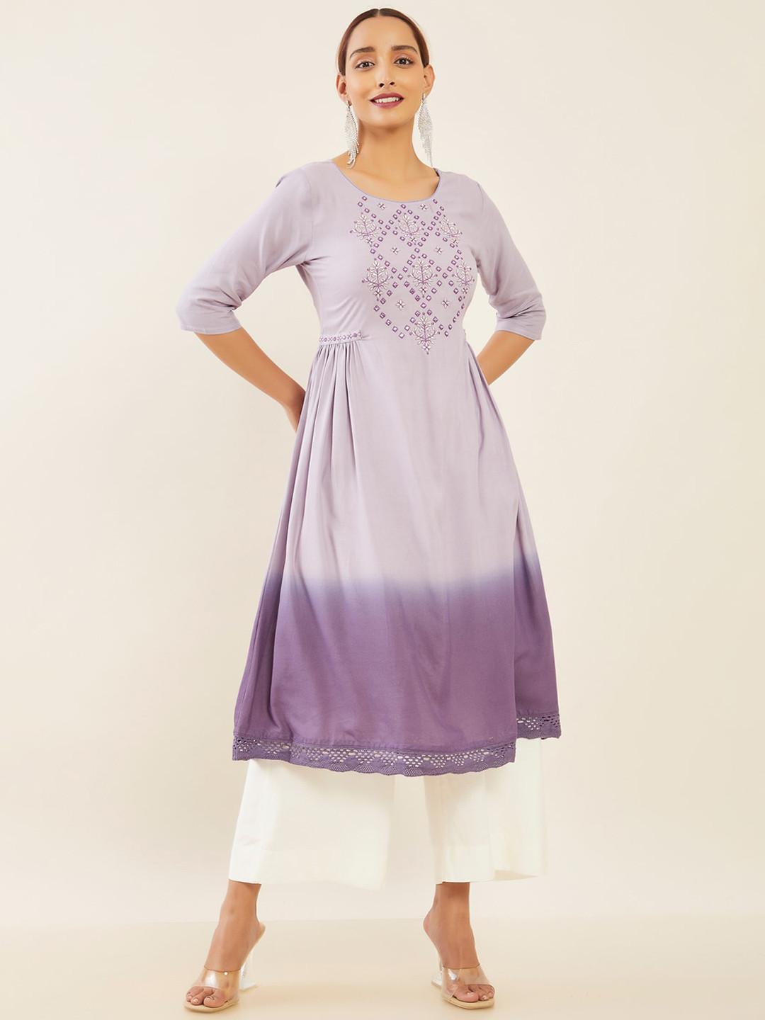 

Maybell Round Neck Floral Embroidered A-Line Kurta, Purple