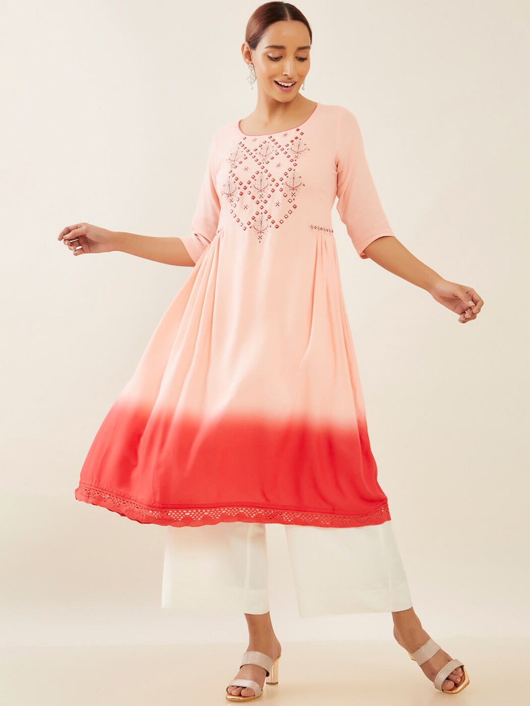 

Maybell Round Neck Dyed Thread Work A-Line Kurta, Peach