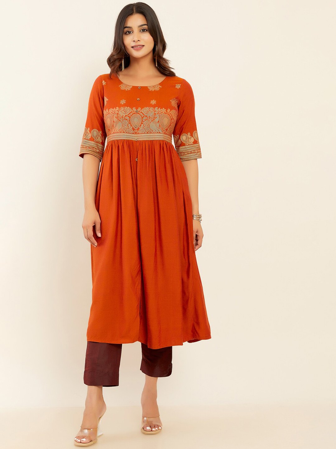 

Maybell A-line Foil Printer Kurta, Orange