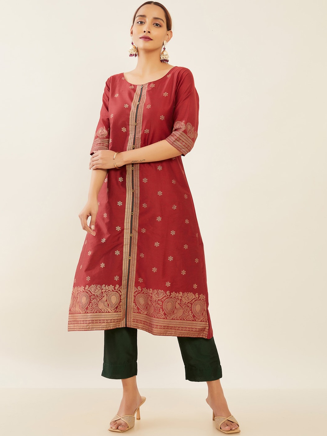 

Maybell Ethnic Motifs A-line Kurta, Maroon