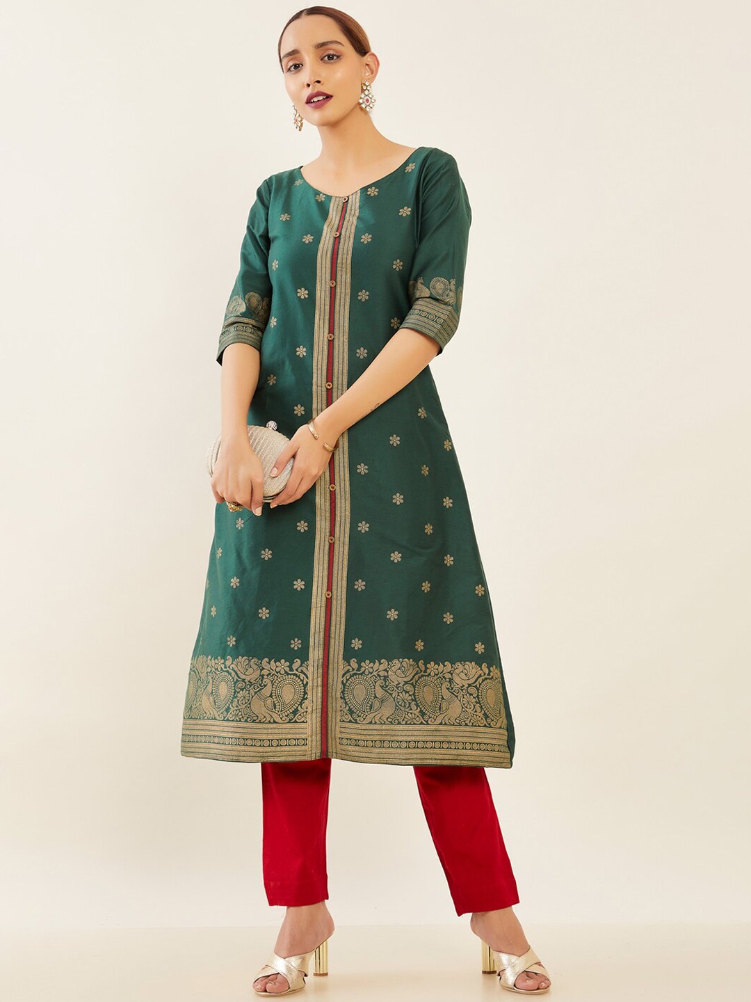 

Maybell Scoop Neck Ethnic Motifs Printed A-Line Silk Kurta, Green
