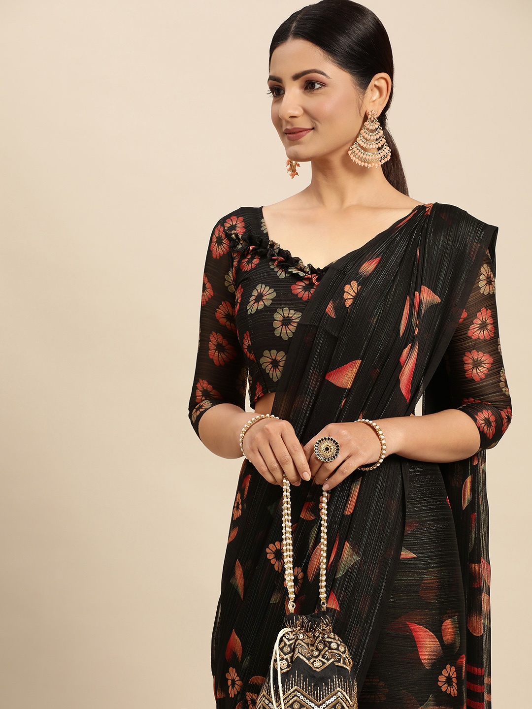

Mitera Black Floral Pure Georgette Saree