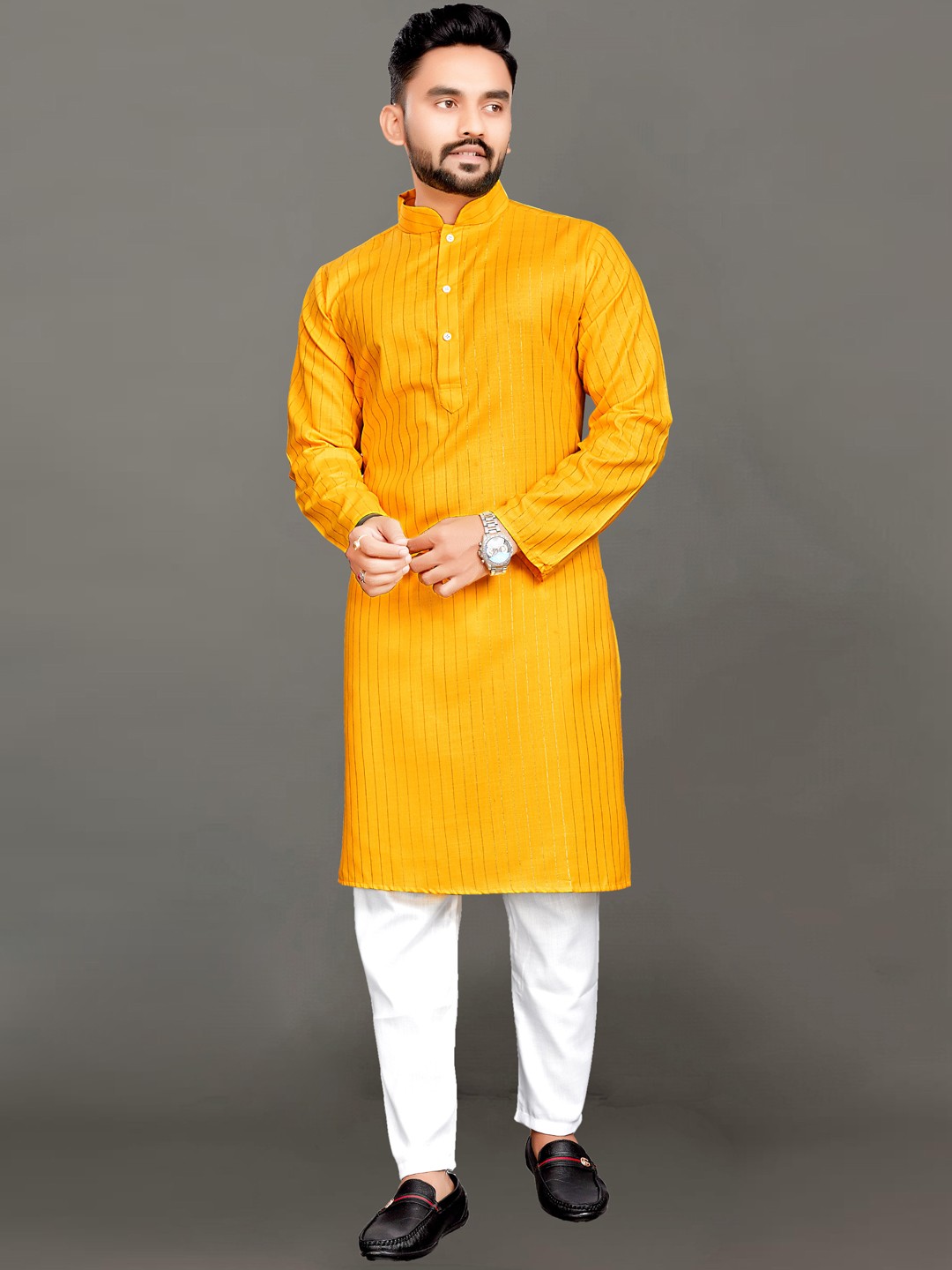 

Ekta Textiles Men Striped Pure Cotton Kurta with Pyjamas, Yellow