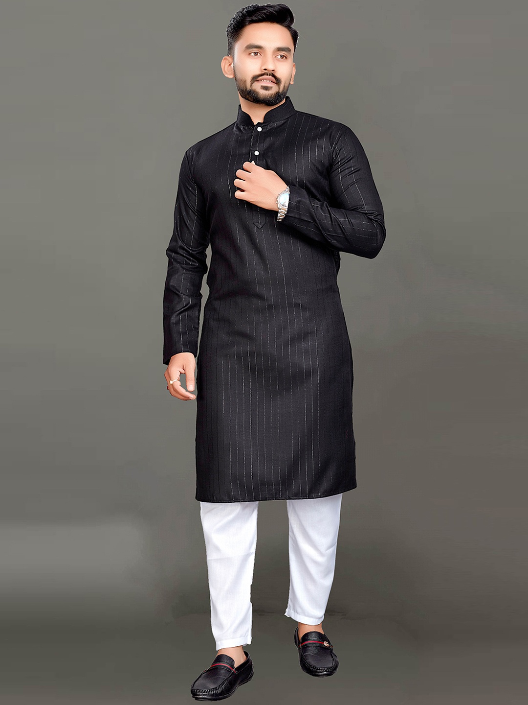 

Ekta Textiles Men Striped Pure Cotton Kurta with Pyjamas, Black