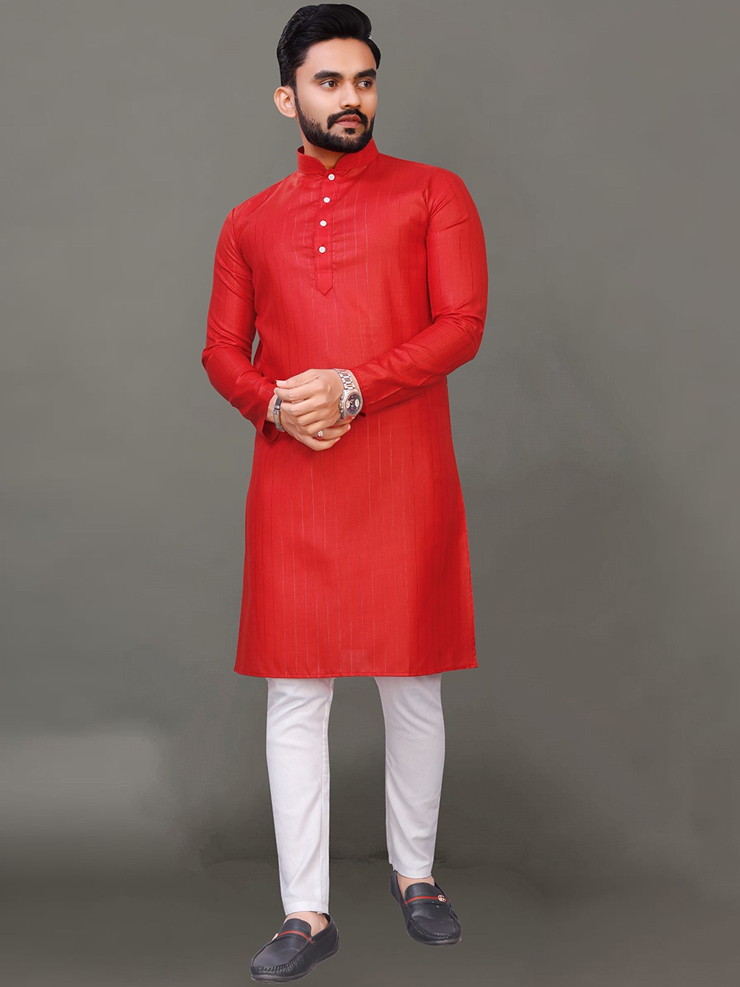 

Ekta Textiles Men Striped Pure Cotton Kurta with Pyjamas, Red