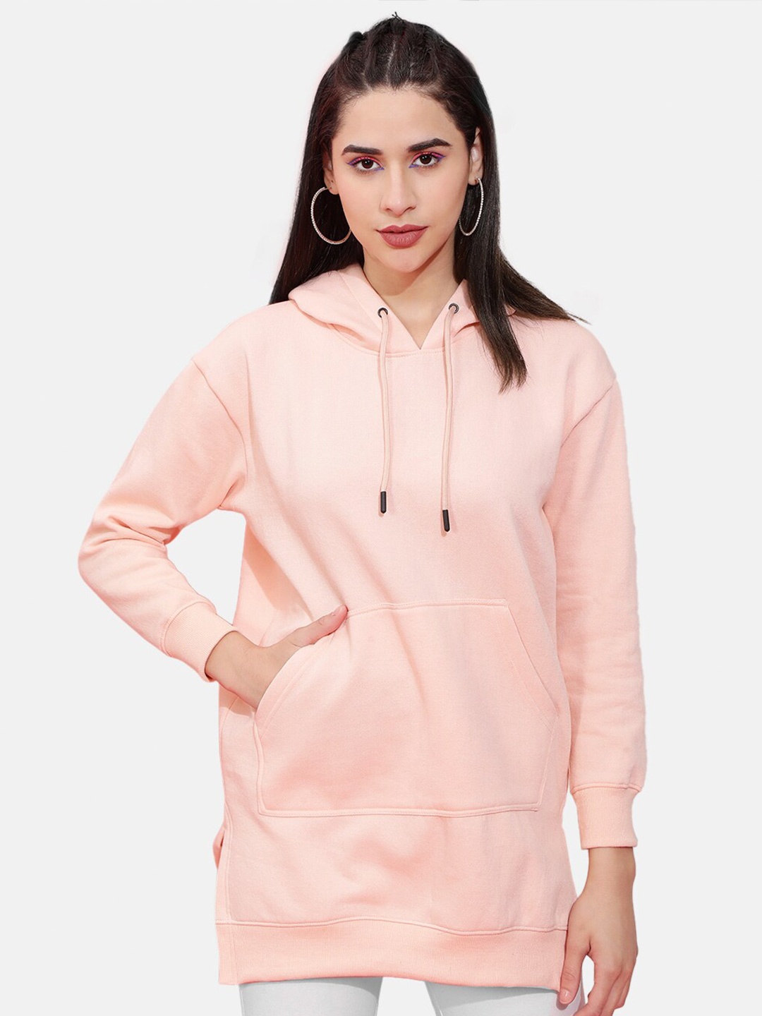 

Freehand by The Indian Garage Co Women Pink Hooded Long Length Sweatshirt